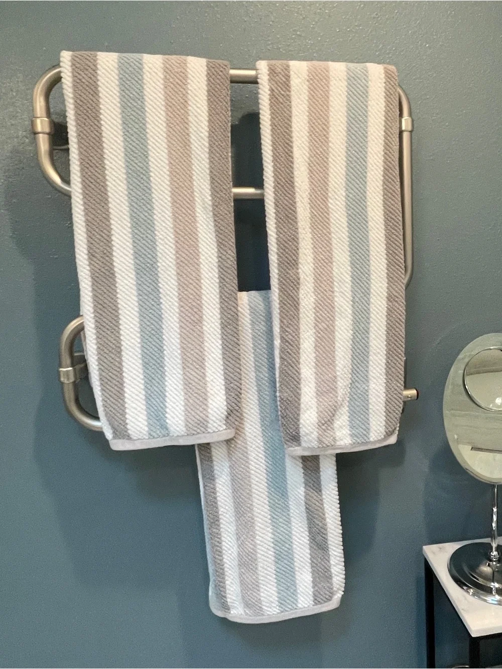 Truly Lou Quick Dry 100% Striped Towels - Gray, White, Teal and Taupe set of 3